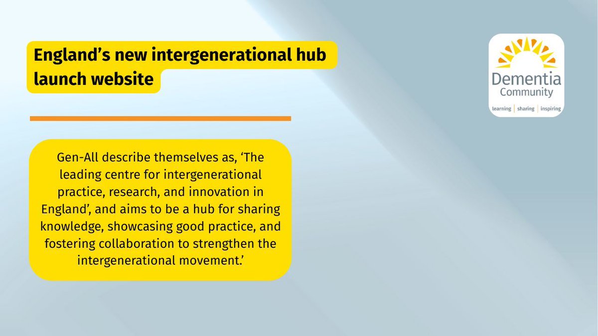JDementiaCare's tweet photo. 🤝 Latest news: England’s new intergenerational hub launched

The website for Gen-All, England’s new intergenerational hub for practice, research and innovation, has launched. 

👉 Read more:
https://t.co/aWqdQ3o3IO

#Intergenerational #DementiaCare #CommunityConnection https://t.co/OnDg1yzJxi