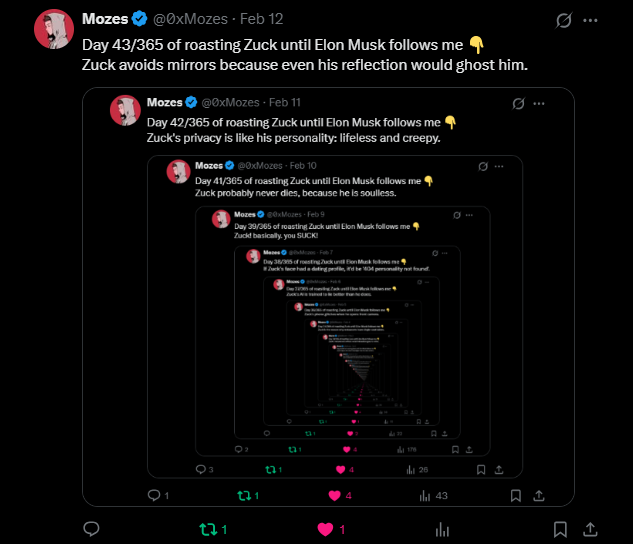 0xMozes's tweet photo. Day 44/365 of roasting Zuck until Elon Musk follows me 👇
Zuck’s laugh sounds like someone dropped a keyboard. https://t.co/D9BaSgVF2G
