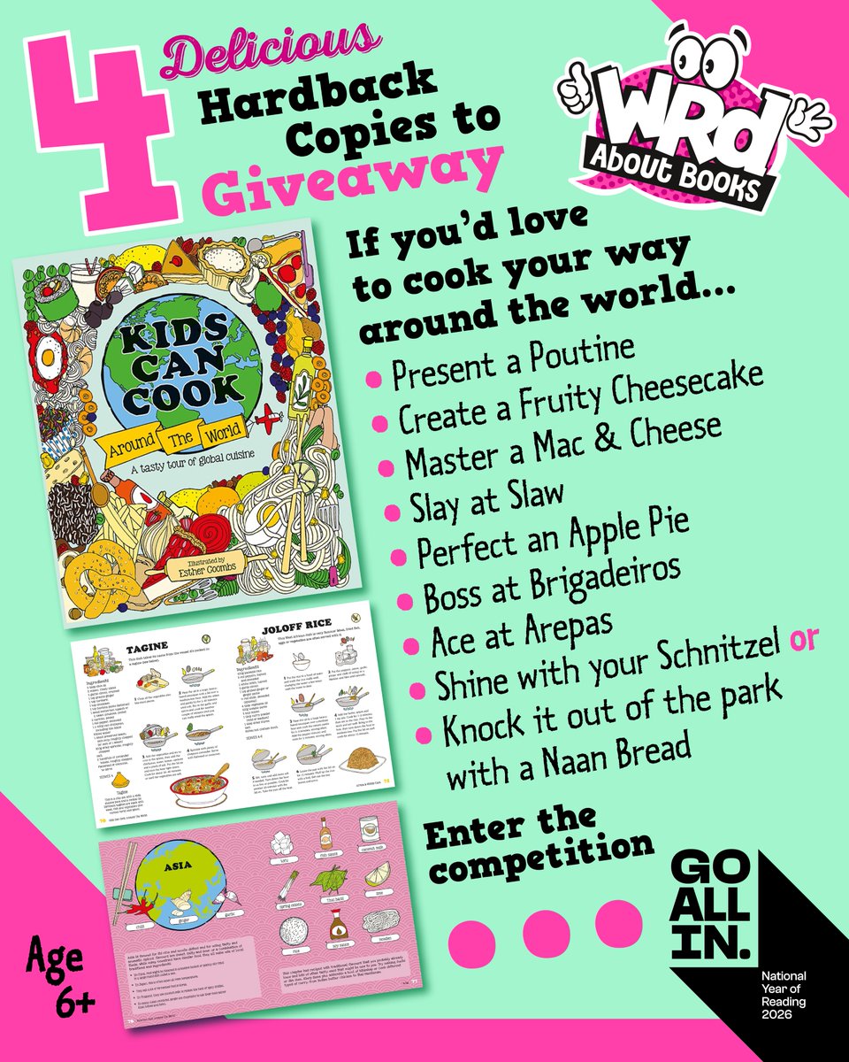 We have 4 DELICIOUS hardback copies of #KidsCanCookAroundTheWorld by Esther Coombs to #WIN!
If you know a budding young chef …
RT &amp; Flw by Feb 20 for the chance for them to master these mouth-watering recipes!
<a href="/GMCbooks/">GMC & Button Books</a> #WRDMagComp
#GoAllIn2026 #NationalYearOfReading2026
