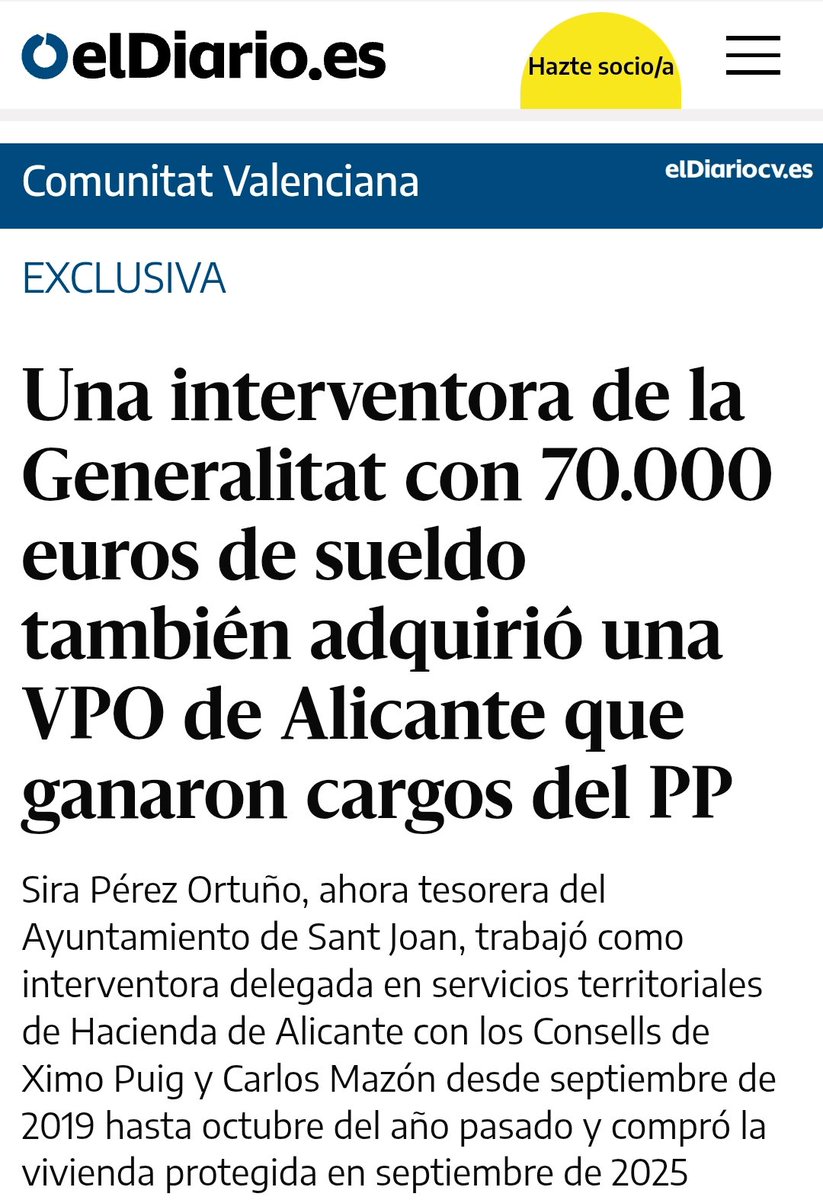 Sorpresa, una interventora de la Generalitat, con 70.000 de sueldo, el tope estaba en 66.000, también ha sido agraciada con una VPO con vistas al mar, valorada en 400.000 euros, se la ha llevado por el módico precio de 200.000.

Por cierto, algunos están dimitiendo pero las