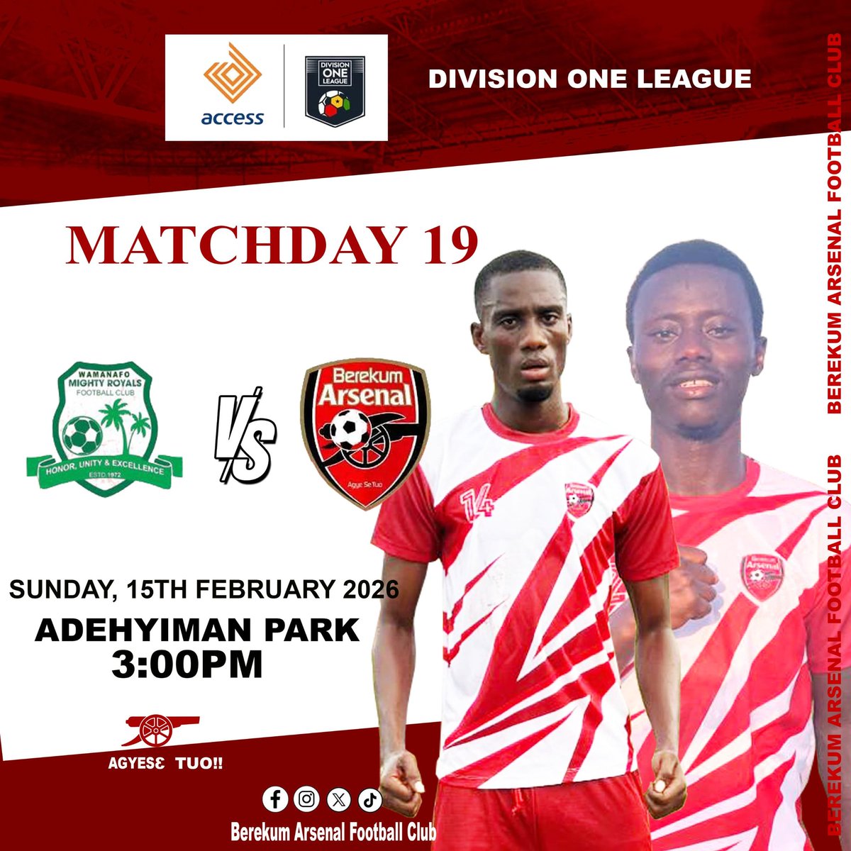 BerekumArsenal's tweet photo. We play as visitors to Mighty Royals this Sunday 

#BAFC
#AgyeSeTuo
#DOL. https://t.co/wS3uFGlOab