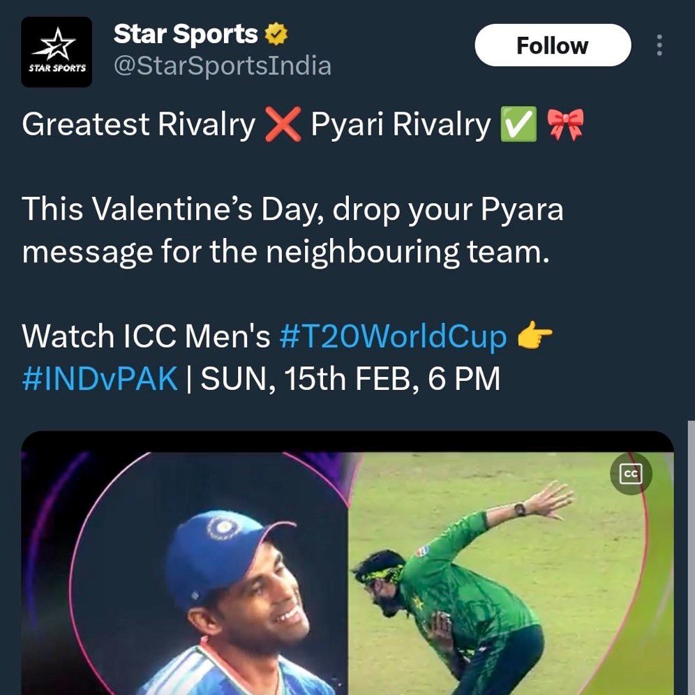Today, #14February , India is remembering the martyrs of #Pulwama . 💔

But Star Sports celebrating Valentine's Day with Pakistan and calling it "Pyari Rivalry".

Shame on Star Sports 🤬🤬

#PulwamaAttack | #PulwamaAttack2019 | CRPF | #BlackDay | #INDvPAK | IND vs PAK