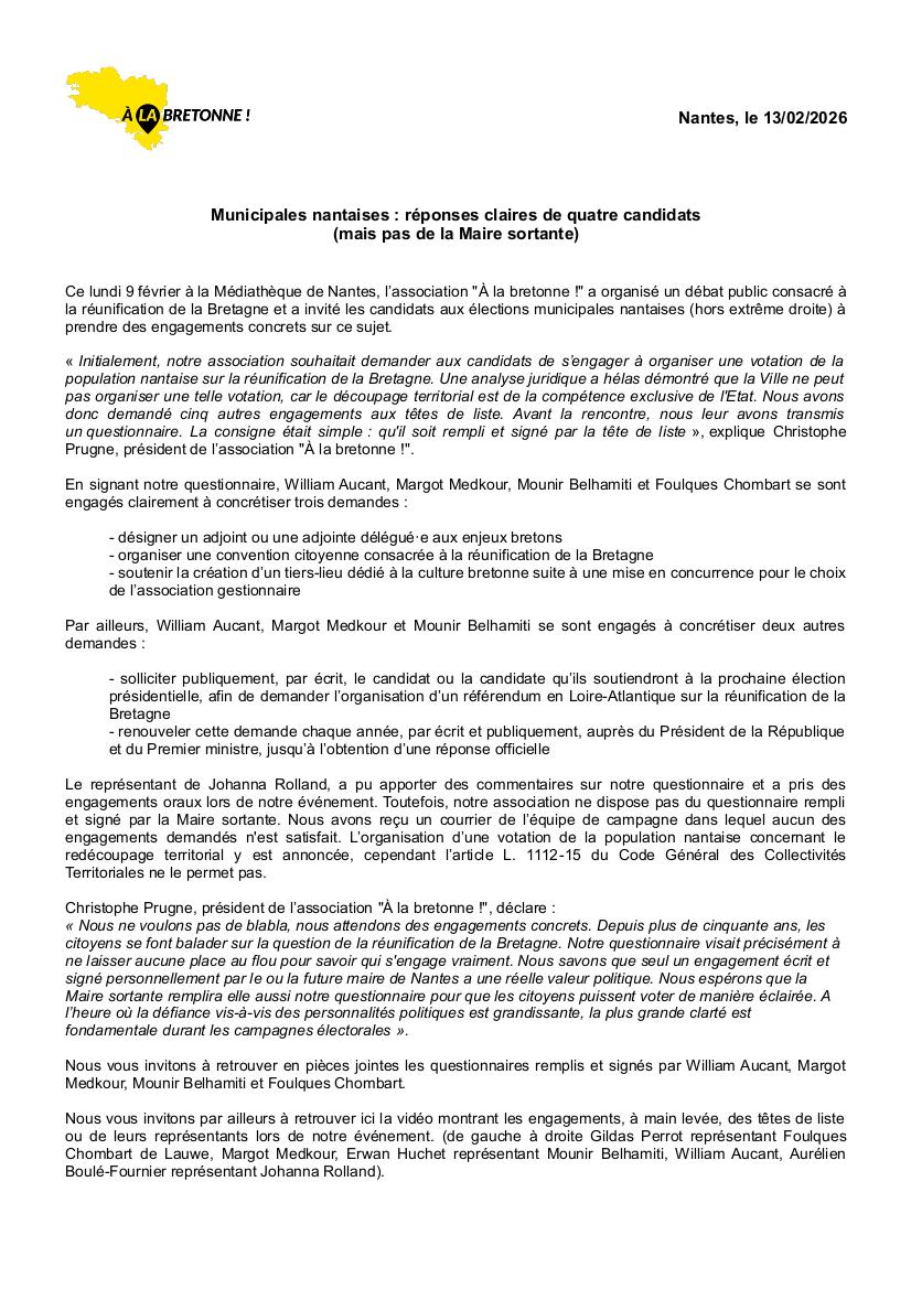 alabretonne's tweet photo. Municipales nantaises : réponses claires de quatre candidats (mais pas de la Maire sortante)
Retrouver notre communiqué de presse suite au débat organisé avec les candidats. https://t.co/p85OCb7JOx