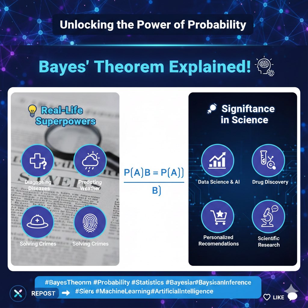 ProfSK5's tweet photo. Unlocking the Power of Probability: Bayes' Theorem Explained!
Ever wonder how we update our beliefs with new evidence?
Enter #BayesTheorem! 🤯
This mathematical gem helps us refine probabilities as we gather more information, making it incredibly powerful in real life and modern science!
💡 Real-Life Superpowers:
From diagnosing diseases to spam filtering emails, Bayes' Theorem is working behind the scenes! Imagine predicting the weather or even solving a crime – it's all about updating our initial hunches with new data. 🕵️♀️☁️
🔬 Significance in Science:
Bayes' Theorem is a cornerstone of #DataScience, #MachineLearning, and #ArtificialIntelligence. It's crucial for:
• Medical Diagnostics: Interpreting test results and assessing disease probability.
• Scientific Research: Drawing conclusions from experiments and refining hypotheses.
• Personalized Recommendations: Powering the suggestions you get on streaming services and shopping sites!
• Drug Discovery: Identifying promising compounds with higher success rates.
It's not just a formula; it's a way of thinking that allows us to make better, more informed decisions in a world full of uncertainty.
Dive deeper and discover the elegance of updating your worldview with evidence!
#Probability #Statistics #BayesianInference #Science