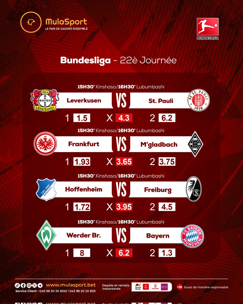 Mulasport_RDC's tweet photo. 🔥 BUNDESLIGA – 22ᵉ JOURNÉE 🔥
Vivez l’intensité du championnat allemand avec des affiches passionnantes et des cotes attractives disponibles dès maintenant 
💰 Profitez des meilleures cotes et placez vos paris en toute sécurité sur https://t.co/fatfODtOKA.
🚀 Dépôts et retraits https://t.co/eglhoBRcuS