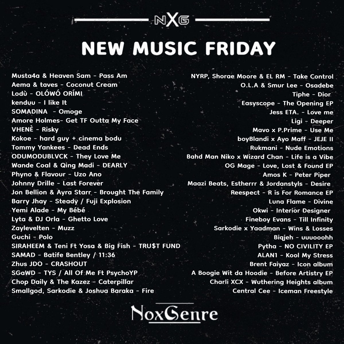 NEW MUSIC FRIDAY 

Link To Playlist👇 
linktr.ee/noxgenre

Musta4a &amp; Heaven Sam - Pass Am
Aema &amp; Taves - Coconut Cream
Lodù - OLÓWÓ ORÍMI
Kenduu - I like It
SOMADINA  - Omoge
Amore Holmes- Get TF Outta My Face
VHENÈ - Risky
Kokoe - hard guy + cinema bodu
Tommy Yankees - Dead