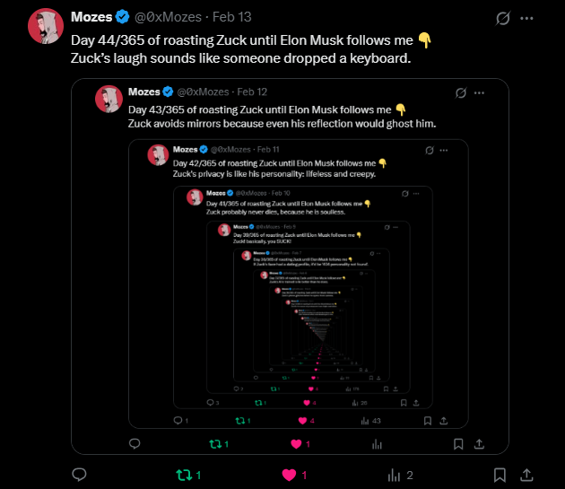 0xMozes's tweet photo. Day 45/365 of roasting Zuck until Elon Musk follows me 👇
Zuck's idea of valentine: sending targeted ads to your ex. https://t.co/P2vKuvbYSR