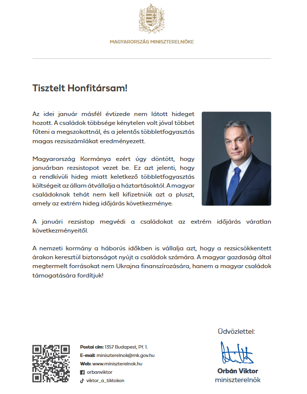 #Ungarn: Aufgrund der extrem kalten Witterung sind die Heizkosten der ungarischen Haushalte im Januar erheblich gestiegen. Die ungarische Regierung hat zum Schutz der Familien einen Preisstopp eingeführt. Das bedeutet, dass Sie, wenn Sie mit Strom heizen, einen einmaligen
