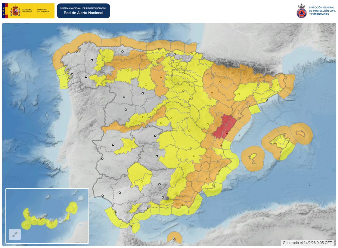 🗓️ 14/02/2026
⚠️ Fenómenos meteorológicos adversos próximas 24h

Riesgo🟥
🌬️ Castellón

Riesgo🟧
🌬️ La practica totalidad del este peninsular, Sistema Central, Menorca y Melilla
🌊 Galicia, litoral cantábrico, Castellón, Tarragona, Girona, Baleares y Melilla
❄️ Zonas de Asturias,