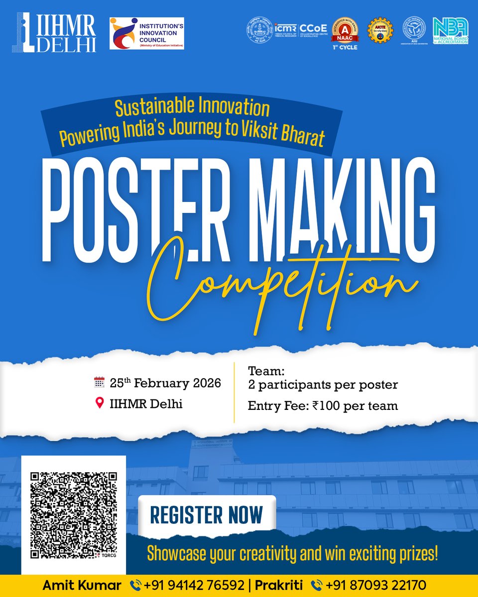 IIHMRDelhi's tweet image. IIHMR Delhi presents a Poster Making Competition focused on Sustainable Innovation: Powering India’s Journey to Viksit Bharat. Whether you are a visionary or an artist, this is your platform to showcase your talent and win exciting prizes! 🏆

#iihmrdelhi #postermaking