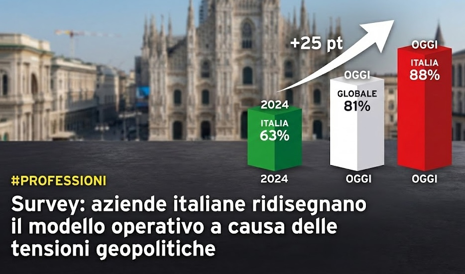 #PROFESSIONI - Secondo una recente Survey EY, l’88% delle aziende italiane rivede il modello operativo a causa delle tensioni geopolitiche (vs 81% media globale). Nel 2024 erano il 63%: +25 pt in un anno.