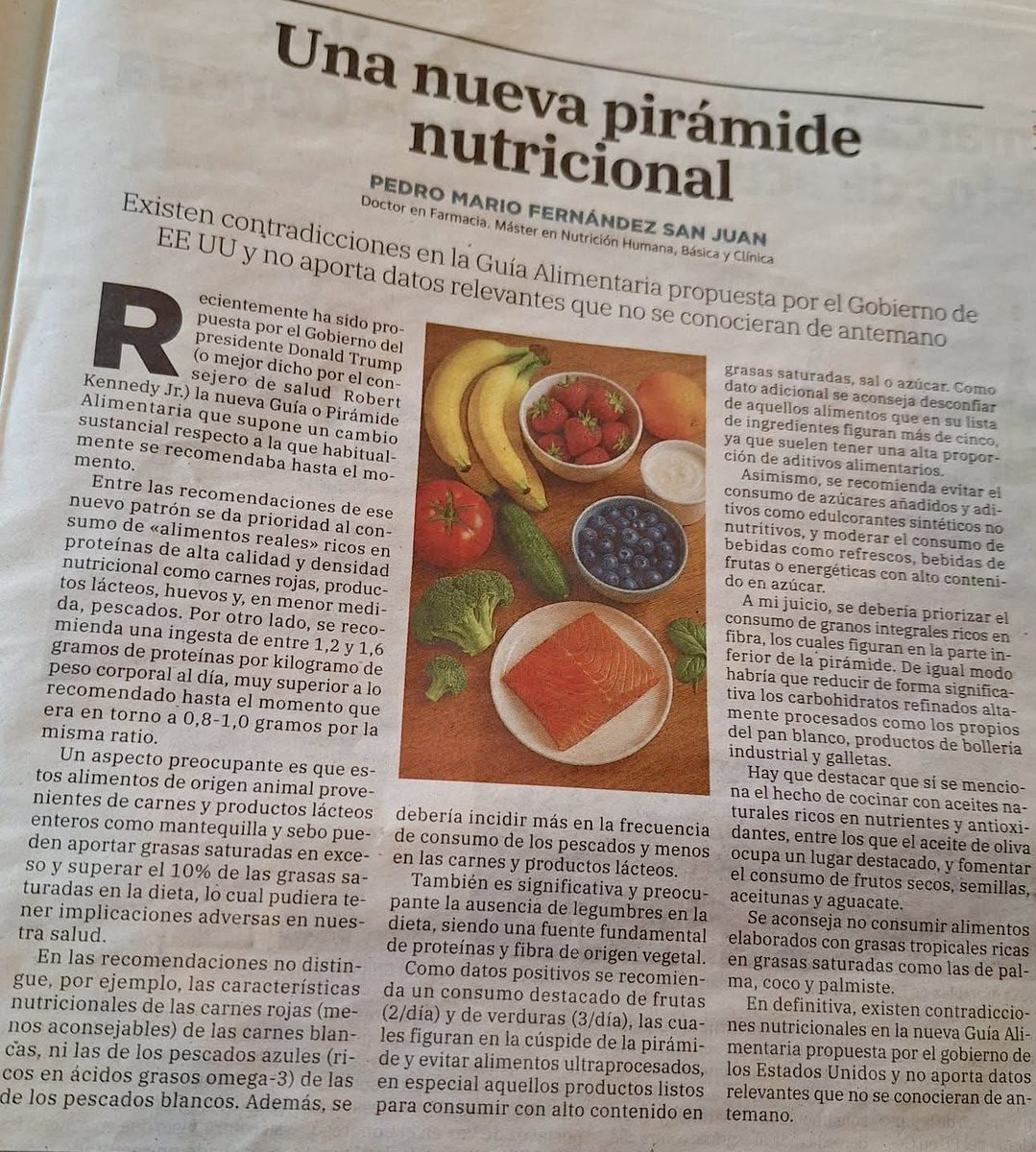 El 11 de febrero de 2026, tuvimos la oportunidad de leer en el Diario La Rioja un artículo muy interesante sobre la nueva pirámide nutricional, elaborado por el bañejo Pedro Mario Fernández San Juan.