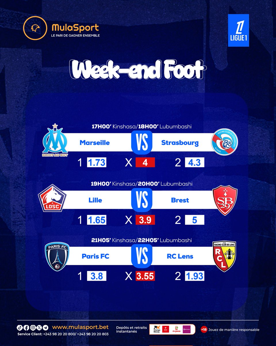 Mulasport_RDC's tweet photo. 🔥 LIGUE 1 – WEEK-END FOOT 🔥

💰 Profitez des meilleures cotes et pariez dès maintenant sur https://t.co/3TORYrIrn0�.
Jouez de manière responsable. https://t.co/mItUhCRDNi