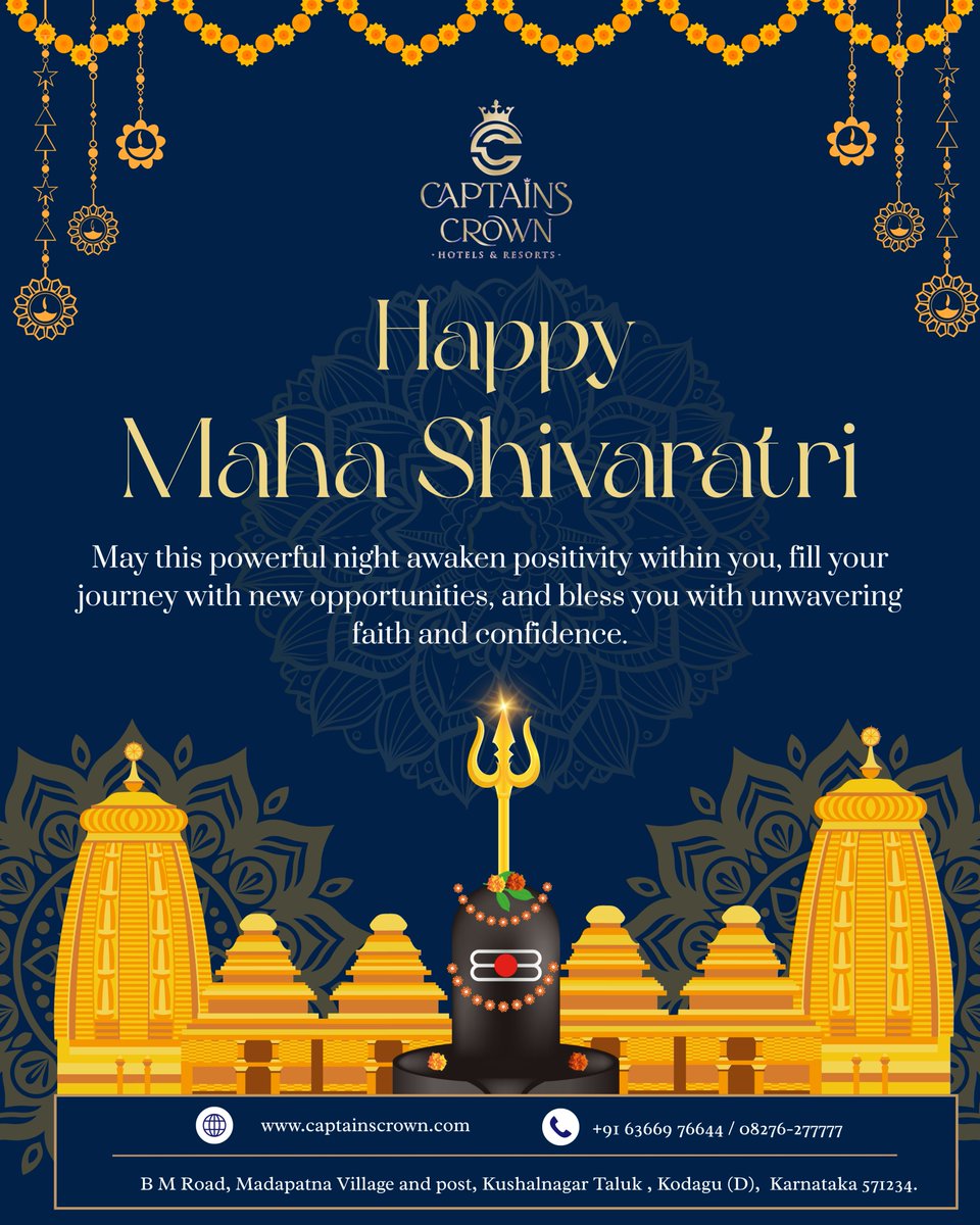 captainscrown's tweet image. Happy Maha Shivaratri 🕉️
May this sacred night bring strength, positivity, and divine blessings.
Celebrate peace and comfort at Captain’s Crown. 🌙✨

#MahaShivaratri #CaptainsCrown #Kodagu