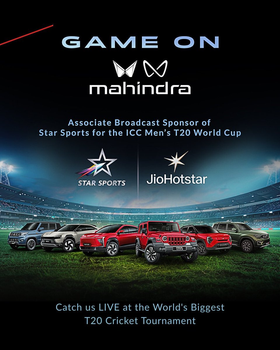 Mahindra_Auto's tweet photo. Big hits. Big moments. Big presence.
We’re on air at the world’s biggest T20 cricket tournament. 
Drop a 🔥if you spot us.

#Mahindra #MahindraAuto #T20 #T20WorldCup #ICCT20WorldCup https://t.co/UmrMSEJm2p