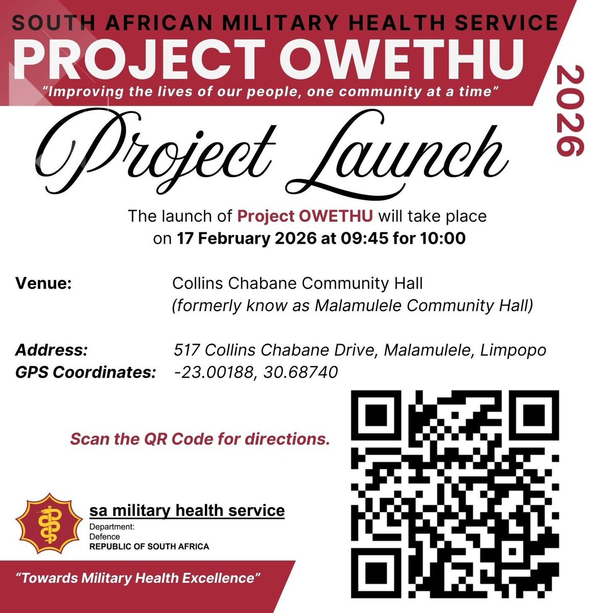 SANDF_ZA's tweet image. SA Military Health Service || Media Invitation || 13 February 2026 || The SA Military Health Service Launches #ProjectOWETHU in Limpopo on 17 February 2026.

#SANDF
#SAMilitaryHealthService
#TowardsMilitaryHealthExcellence
#ArmedForcesDay2026
x.com/thulamelam?s=21