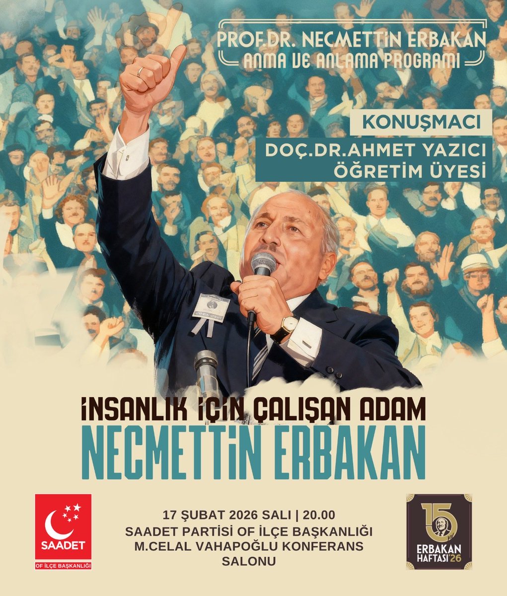 İlim,Fikir,Siyaset,Devlet ve Dava adamı merhum Genel Başkanımız Prof.Dr.Necmettin Erbakan’ı anma ve anlamak amacıyla düzenleyeceğimiz “İnsanlık İçin Çalışan Adam Necmettin Erbakan” başlıklı programımızda sizleride aramızda görmekten mutluluk duyarız.