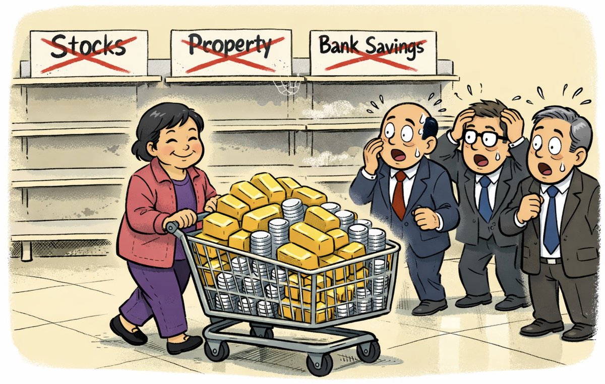 🟧Retail demand in China is surging, with everyday investors often referred to as “auntie investors ”buying gold and silver at record levels.

In 2025 alone, they accounted for nearly one-third of global gold bar and coin purchases.

When communities move toward gold, it signals
