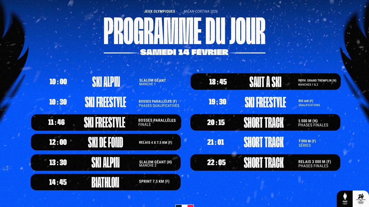 EquipeFRA's tweet photo. PROGRAMME DU 14 FÉVRIER 🗓️

Que de l’amour aujourd’hui 💕 Ski de bosses, ski de fond, biathlon, saut à ski… On va encore se régaler aujourd’hui !

#AllezLesBleus #MilanoCortina2026 https://t.co/41dBeKRfhE