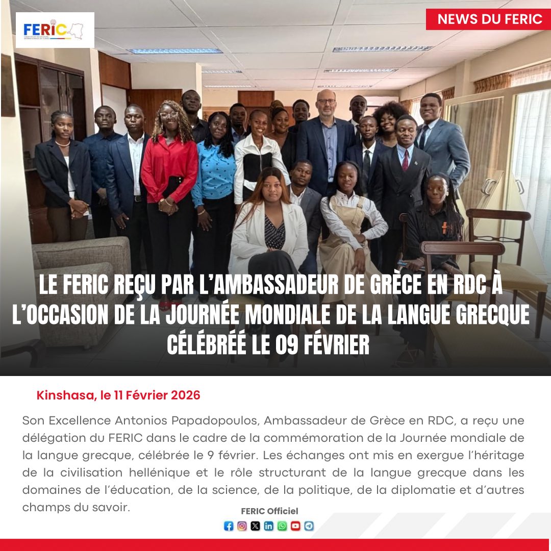 Fericofficiel's tweet photo. #ÉchangeDiplomatique | Le Forum d’Etude des Relations Internationales du Congo a été reçu par Son Excellence  #Antonios_Papadopoulos, Ambassadeur de Grèce en RDC 🇬🇷 🇨🇩 à l’occasion de la Journée Mondiale de la langue grecque. 

#Diplomatie #CoopérationAuDéveloppement
#Grèce https://t.co/QE60Lrpr6z