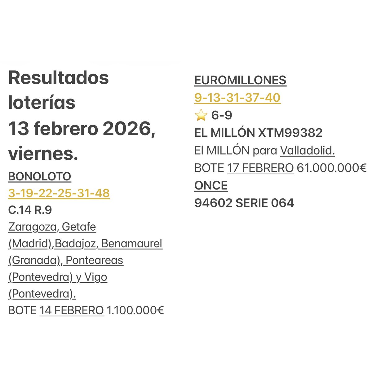 Feliz y afortunado sábado.
Resultados loterías 13 febrero 2026, viernes.