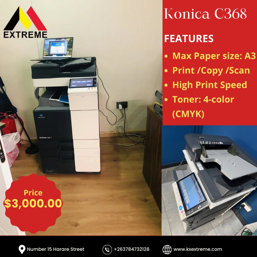 ExtremeZim's tweet photo. Print like a pro with Konica C368! 🚀 High-quality color printing for your business. 😊 Ideal for offices, marketing agencies, and more!

Extreme - Your trusted partner in advertising equipment (20+ years)
�� Local warehouses in Africa &amp; dedicated support team. https://t.co/0aQNBfkNIP