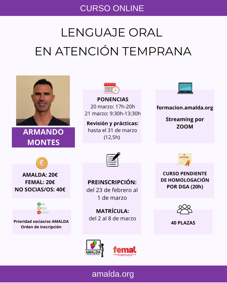 AMALDAARAGON's tweet photo. Curso online: "LENGUAJE ORAL EN ATENCIÓN TEMPRANA"

🧑🏻‍🏫 ARMANDO MONTES

🗓️ Viernes, 20 de marzo, de 17h a20h

       Sábado, 21 de marzo, de 9:30 a 13:30h

📝9H de videoconferencia + 11h de trabajo personal en la plataforma de formación de AMALDA.

🎓 Pendiente de homologación https://t.co/NRCiKVKnvx