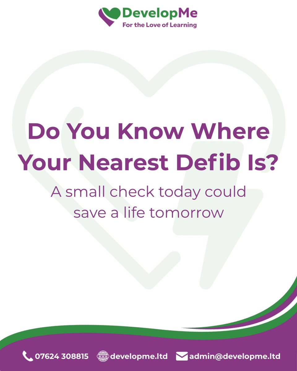 developmeltd's tweet photo. You never expect to need a defibrillator. But would you know where the nearest one is? ⚡

Take 60 seconds today to find out where your closest AED is at work or in your community.

Preparation saves lives.

#Defib #CPRSavesLives #BePrepared #FirstAidTraining #DevelopMe https://t.co/gQB0IatF8d