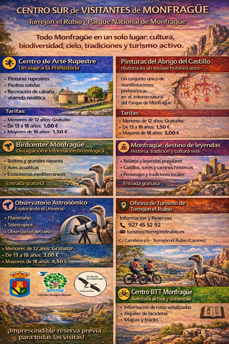 ¿Sabías que puedes vivir todo Monfragüe en un solo lugar?
Actividades para todas los públicos
Tarifas accesibles (¡muchas experiencias gratuitas!)
En pleno corazón de Monfragüe
¡Imprescindible reserva previa para las visitas!
927 45 52 92
turismo@torrejonelrubio.es