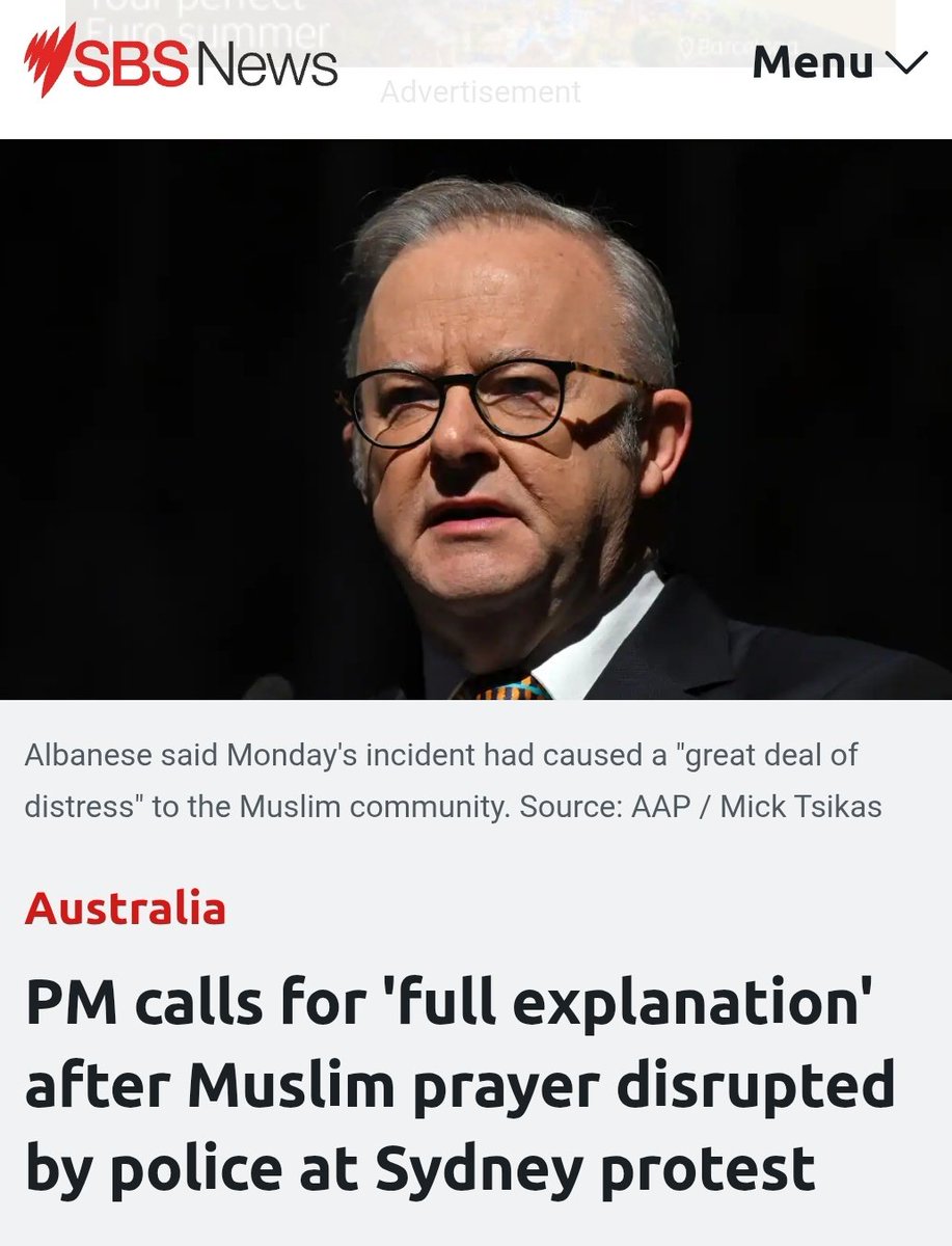 Australia's Prime Minister Albanese once again kowtowing to Islamists. The question he should be asking is:

Why were Muslims praying on the street in the middle of a volatile protest, not following police orders and putting people in danger?

Albanese is once again demonstrating