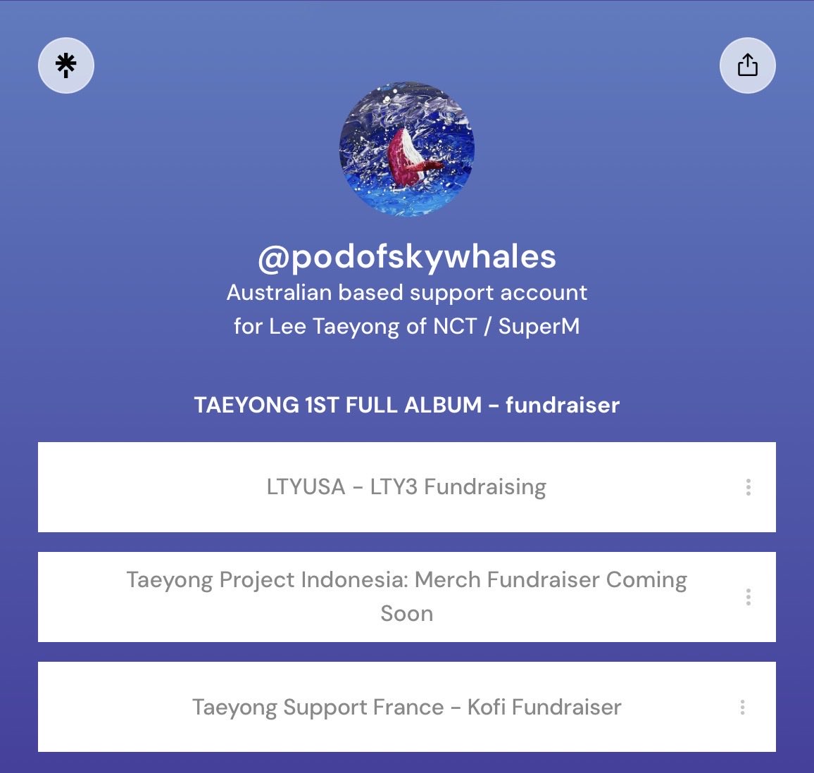 fundraising for LTY3 (Taeyong 1st full album)

<a href="/LTYUSA/">LTYUSA</a> and <a href="/TaeyongSuppFr/">TAEYONG SUPPORT FR</a> have now opened for donations
<a href="/TaeyongProject/">Taeyong Project Indonesia</a> Indonesia will be opening soon

we will be keeping track of links to the fundraisers on the Pod linktree 
#TAEYONG #태용 #テヨン