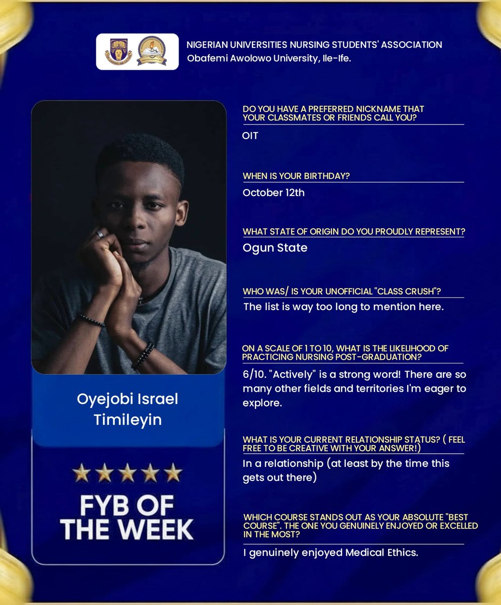 ifenursing's tweet photo. ✨FYB OF THE WEEK SPOTLIGHT✨
Celebrating excellence, leadership, and resilience.
Meet our FYB of the Week, *Oyejobi Israel Timileyin* .
A dedicated nursing student with a passion for impact.
Balancing academics and service with remarkable grace, focused on growth. https://t.co/1R7v9pNwKl