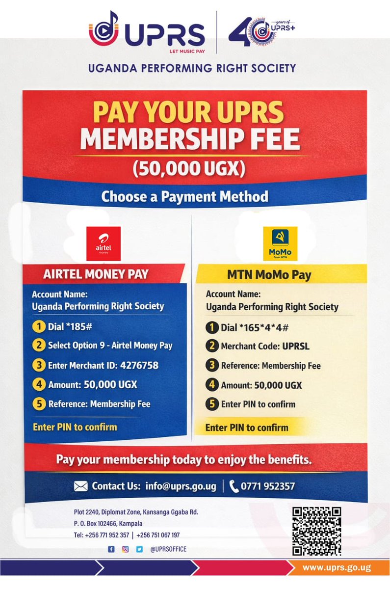 MbaleMagazine's tweet photo. 🎵 Let Music Pay! 🎵

Are you a songwriter, composer, or publisher? Have you paid your Uganda Performing Right Society (UPRS) membership fee yet?

Keep your music working for you by securing your annual membership today for only 50,000 UGX. 💰 https://t.co/YN1HYShkxE