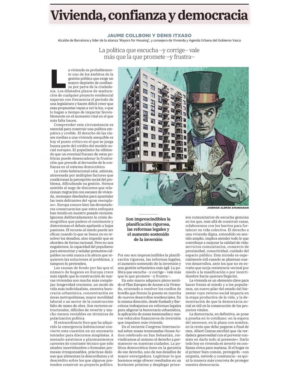 "El derecho de las clases medias a una vivienda asequible es hoy el punto crítico en el que se juega buena parte del crédito del modelo social europeo”

Puedes leer el artículo completo aquí:
🔗 labur.eus/ViviendaDemocr…