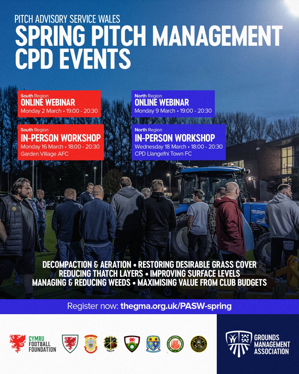 FREE CPD opportunities through the Pitch Advisory Service Wales for volunteer football Grounds Managers and club staff across Cymru.

See event details and registration here: thegma.org.uk/PASW-spring