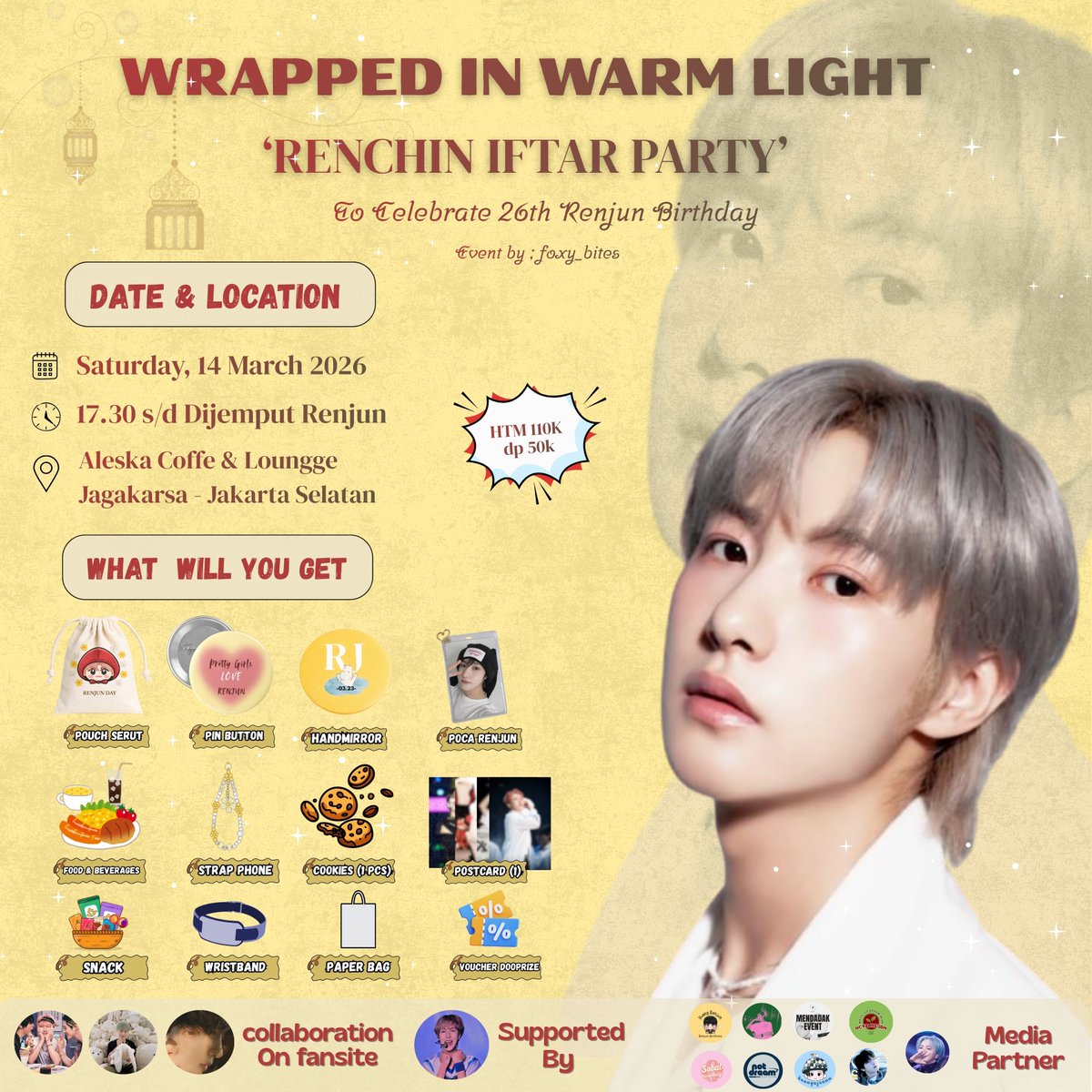 foxy_bites23's tweet photo. ✨ WRAPPED IN WARM LIGHT ✨
Renchin Iftar Party — Celebrate Renjun’s 26th Birthday 🎂💛 by : @foxy_bites23

📅 14 Maret 2026 | 17.30 WIB
📍 Aleska Coffee &amp; Lounge, Jaksel
🎟 110K |DP 50K
👗 💛🤍💙
Limited slot‼️
#RenchinIftarParty #Renjun26th #WrappedInWarmLight #RenjunBirthday https://t.co/CMgpJzE9aN