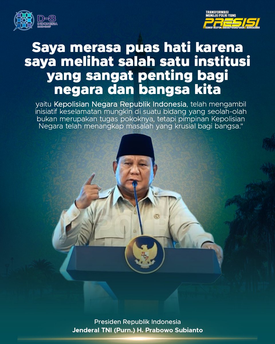 Presiden RI Jenderal TNI (Purn.) H. Prabowo Subianto menyampaikan apresiasi dan rasa puas atas inisiatif strategis yang diambil oleh Kepolisian Negara Republik Indonesia dalam menangani isu krusial bangsa, khususnya di bidang pemenuhan gizi dan ketahanan pangan