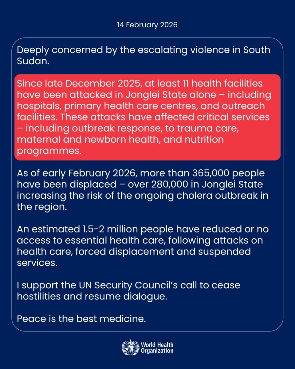 DrTedros's tweet image. Deeply concerned by the escalating violence in #SouthSudan. 

Since late December 2025, at least 11 health facilities have been attacked in Jonglei State alone – including hospitals, primary health care centres, and outreach facilities. These attacks have affected critical…