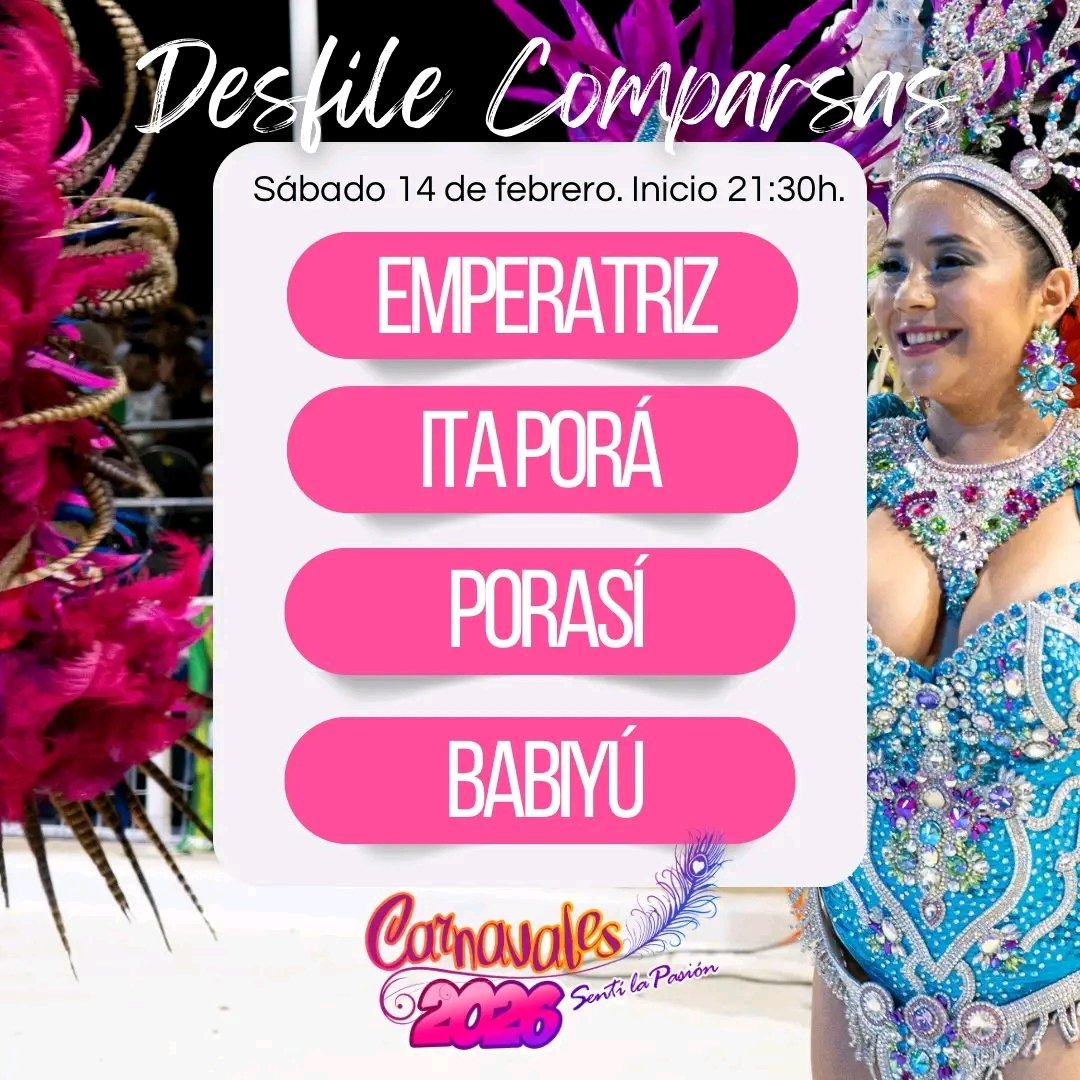 Finde largo + Carnaval = plan perfecto 🎭✨ 

Desde las 21:30h. las comparsas llenan de brillo y pasión💃🔥 

🎫 Entradas por la web y boletería de Muni hasta las 13h. También boletería del corsódromo a partir de las 19:30h.