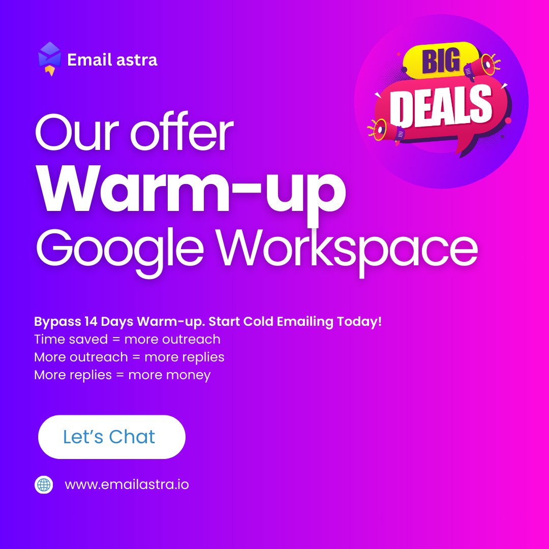 EmailAstra's tweet photo. Time saved = more outreach  
More outreach = more replies  
More replies = more money 💰  

Simple math that 99% of cold emailers ignore... because they're stuck in 14-day warmup hell.  

What if you could flip the equation TODAY?  

Email Astra's Google Workspace offer:  
✅ Bypass 14 Days Warm-up completely  
✅ Pre-warmed inbox + warmed .com domain  
✅ Full DNS setup done for you  
✅ Start cold emailing RIGHT NOW – no waiting, no spam risk  
✅ Safe scaling from Day 1  

Result?  
You send 5x more emails this month  
Get 3-5x more booked calls  
Pocket way more revenue  

While others wait... you win.  

This isn't hype – it's the exact logic our clients use to scale outreach without burning time/money.  

Tag a founder/agency friend who's still "warming up" and losing deals 👇  

Reply "YES" if you want to start winning the math game.  

Book Now & Let’s Chat: https://t.co/kHkaTBATSl  

#ColdEmail #PreWarmedInbox #BypassWarmup #LeadGeneration #B2BSales #ColdOutreach #SalesGrowth #EmailMarketing