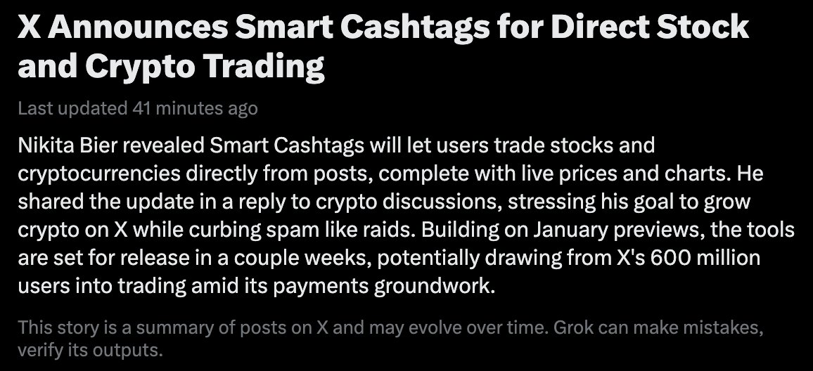 X announces Smart Cashtags for direct stock and crypto trading from posts.

Live prices and charts built in. Launching in a few weeks.