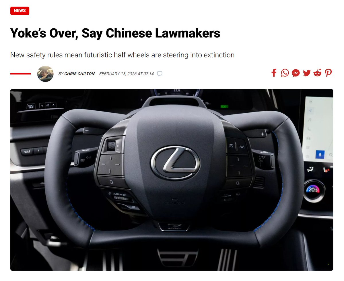 Chinese car regulators are on a roll.

After banning hidden doorhandles, then screen-dominate/ buttonless interiors, now no more yoke steering wheels.

This is how cars should be. Innovation efforts should be put into AI and autonomous driving, as well as the basics of car