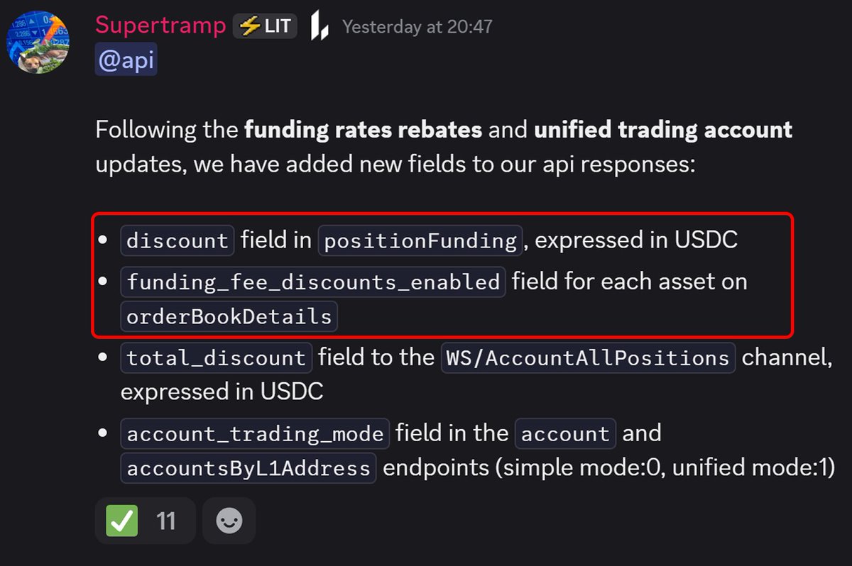 Lighter got a solid API upgrade off the back of the UTA and funding rebates updates

You can now pull funding rebates in $USDC per position via the API and see the total rebate across the account via websocket

There’s also a clear flag showing which markets have rebates enabled,