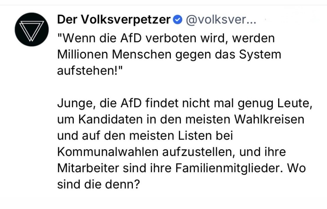 dokhollidays's tweet photo. Volksverpetzer,
You nailed it!
Nein, Ihr Fascho- Dullis seid nicht die Mehrheit; es war schon bei den Schwurbel-Corona Demos so!
~70% der Deutschen haben keinen Bock auf Euch.
#Papiertiger
#AfDVerbotjetzt
#AfDVerbotsverfahren2026
‼️ https://t.co/byCFkdTVjp