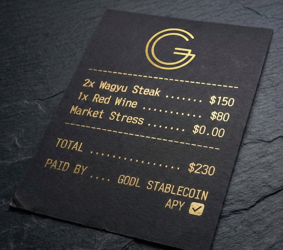 In extreme markets, stablecoin yield is king.

Stop stressing over red charts on your date. Let your stablecoin APY cover tonight's Valentine’s bill. 🥩🍷

GODL LABS is building the gold-backed yield engine to make this your reality.

Happy V-Day. 🥂