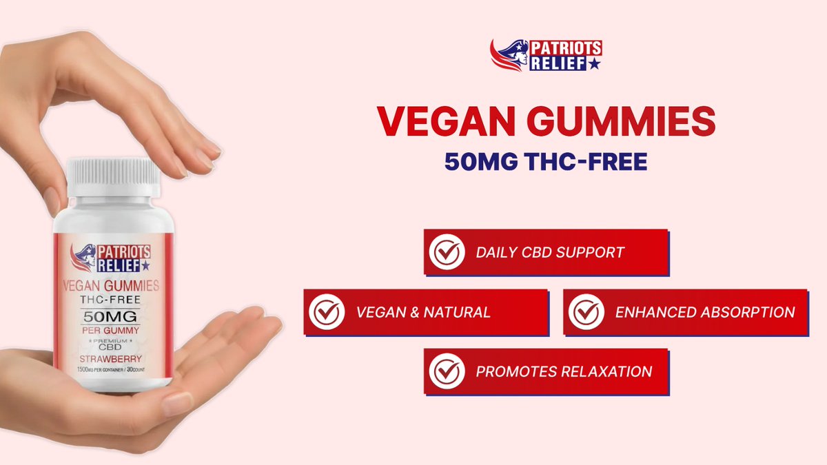 PatriotsRelief's tweet photo. Clean. THC-Free. Vegan. 

Patriots Relief 50MG CBD Gummies
✔️ Vegan formula
✔️ Strawberry flavor 🍓
✔️ Easy daily routine

Simple support for your wellness lifestyle.
Stay balanced. Stay ready.

#CBD #THCFree #Wellness #PlantBased #PatriotRelief https://t.co/XpzrYxqyT9