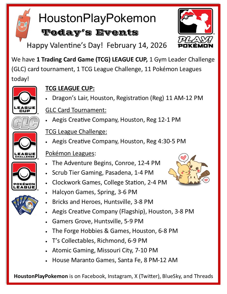 Happy Valentine's Day! We have 1 Trading Card Game (TCG) LEAGUE CUP, 1 Gym Leader Challenge (GLC) card tournament, 1 TCG League Challenge, and 11 Pokémon Leagues today! #PlayPokemon