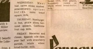 HistoryUnd's tweet photo. Remember when the school lunches were published in the local newspapers back in the day? https://t.co/kkrHKM7gRQ