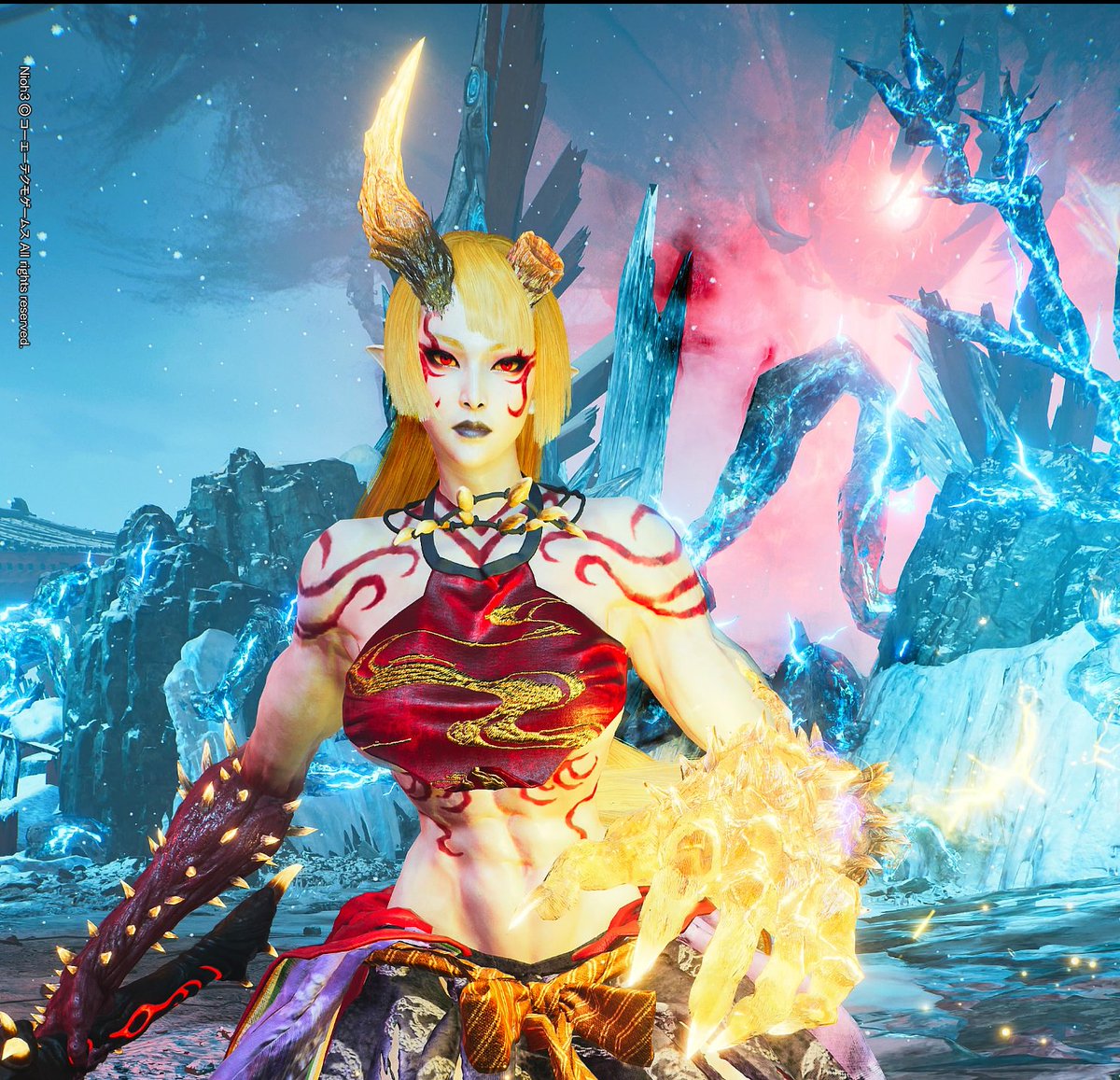 tamago_gamer's tweet photo. 妙に可愛いデザインに定評のある仁王妖怪ガールズの期待のニューカマー、大柄筋肉姉御肌キャラの茨木童子さん
恵まれたキャラデザに加えてバトルデザインも優れてる神ボス　#仁王3 https://t.co/gJPFqJ9oy7