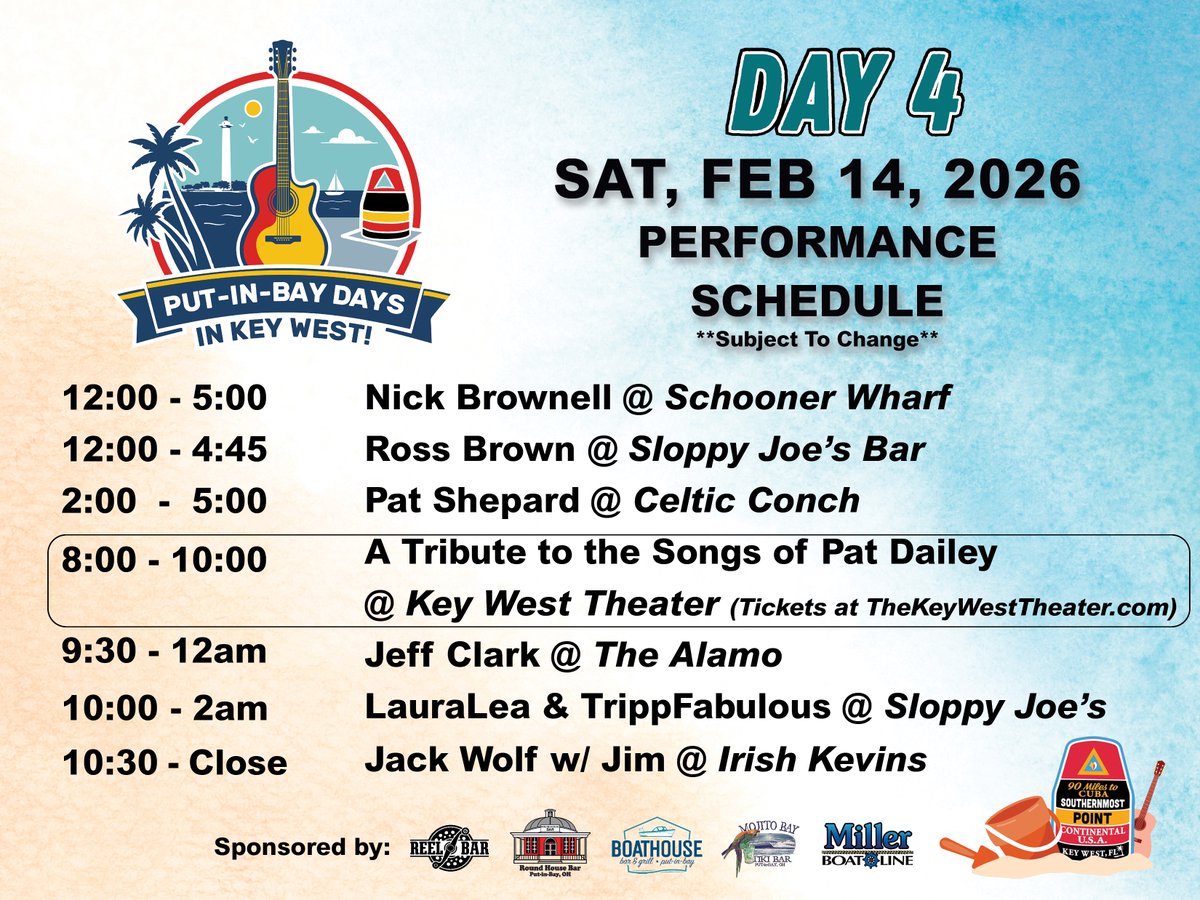 putinbaydays's tweet photo. Here’s today’s schedule! The big show is A Tribute to the Songs of Pat Dailey at 8pm at Key West Theater. We’ll have a limited amount of PIB Days t-shirts &amp; hats there too. You can get tickets at the box office after 12pm to save some fees. Or online here: https://t.co/HR3M2lTtqv https://t.co/fAMkoud5ds